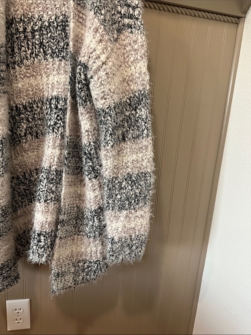 Maurices Striped Fuzzy Open Cardigan in Gray, Cream, Brown - Picture 3 of 4